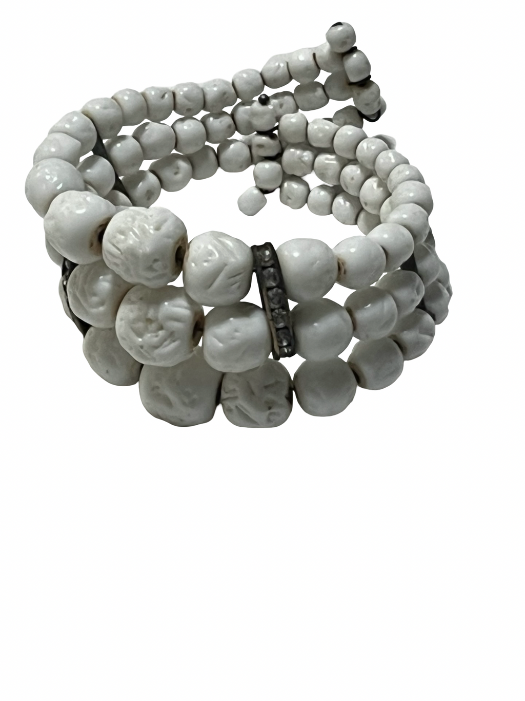 Handmade White Ceramic Skull Memory Wire Wrap Bracelet Rhinestone Spacers Gothic Boho