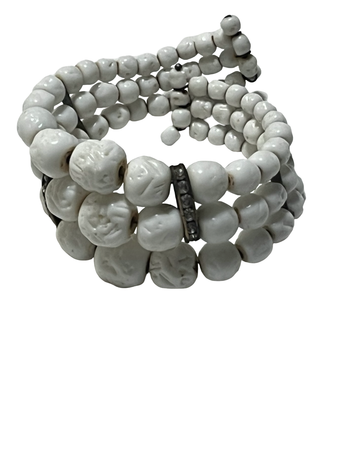 Handmade White Ceramic Skull Memory Wire Wrap Bracelet Rhinestone Spacers Gothic Boho