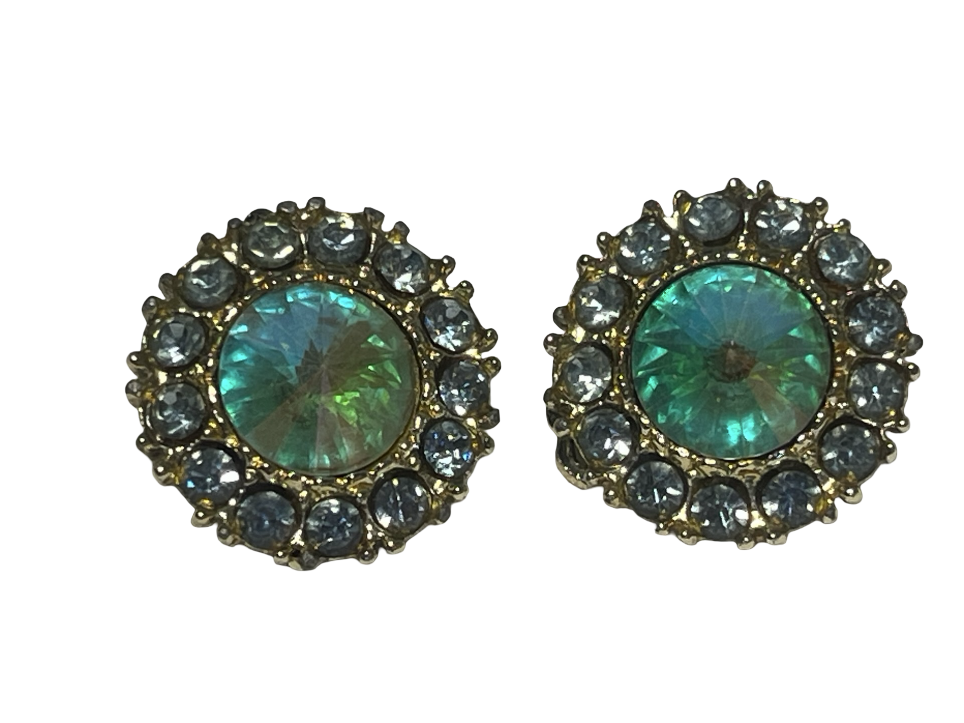 Vintage Aurora Borealis Rivoli Rhinestone Clip-On Earrings Gold Tone Blue Halo