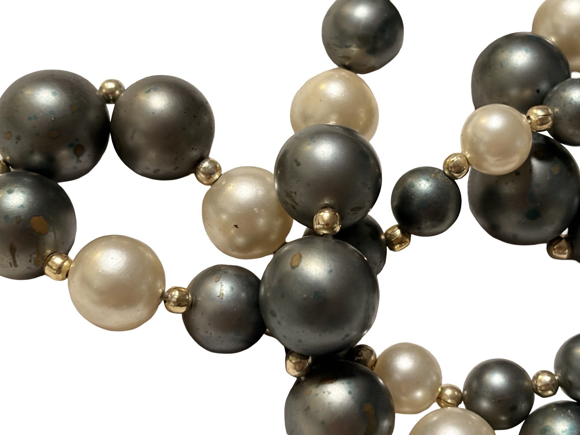 Vintage Japan Triple Strand Blue Gray &amp; Ivory Faux Pearl Beaded Necklace Gold Tone Adjustable