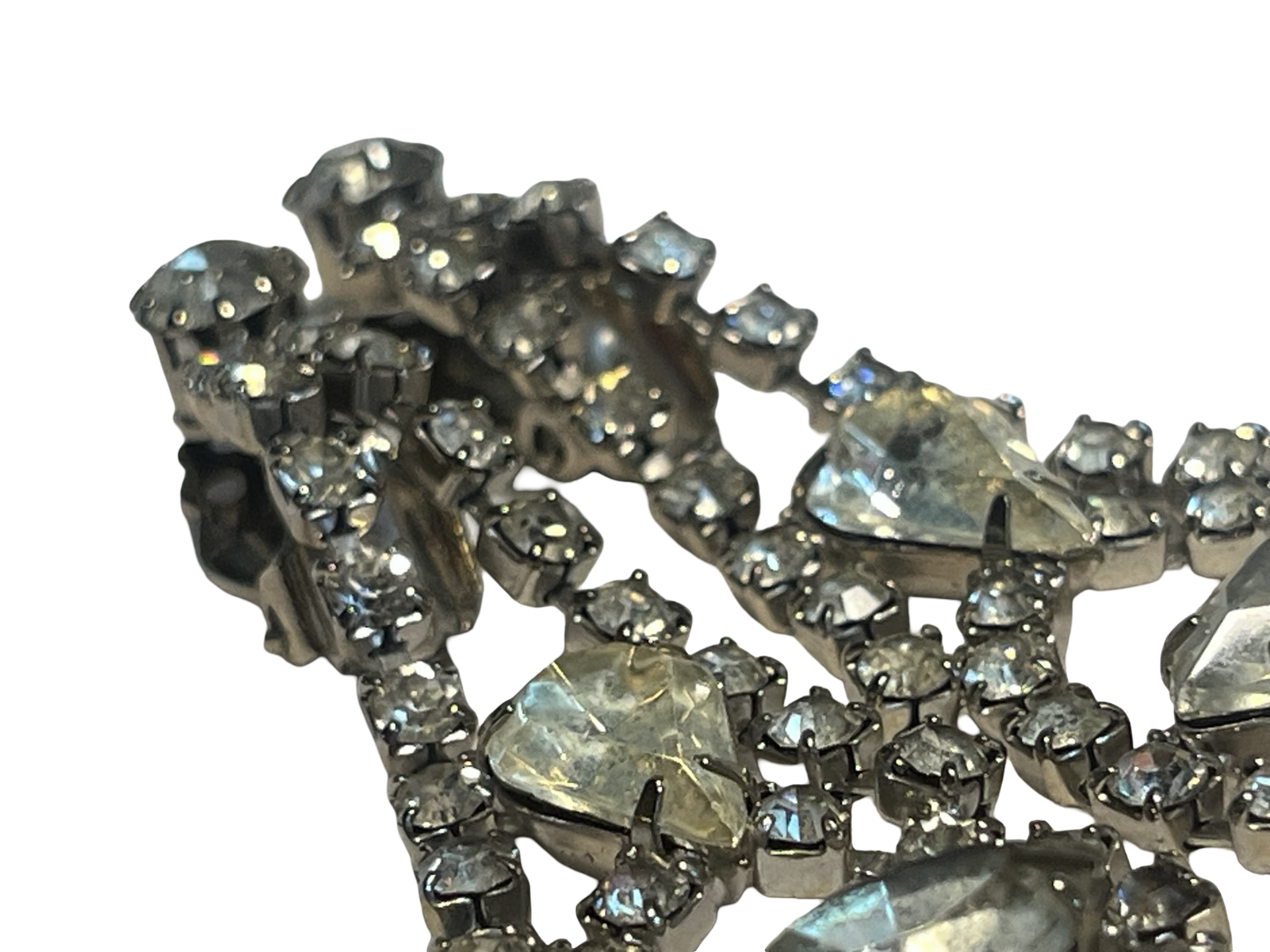 Vintage Rhinestone Dangle Clip-On Earrings Clear Marquise Glass Stones Silver Tone Mid Century