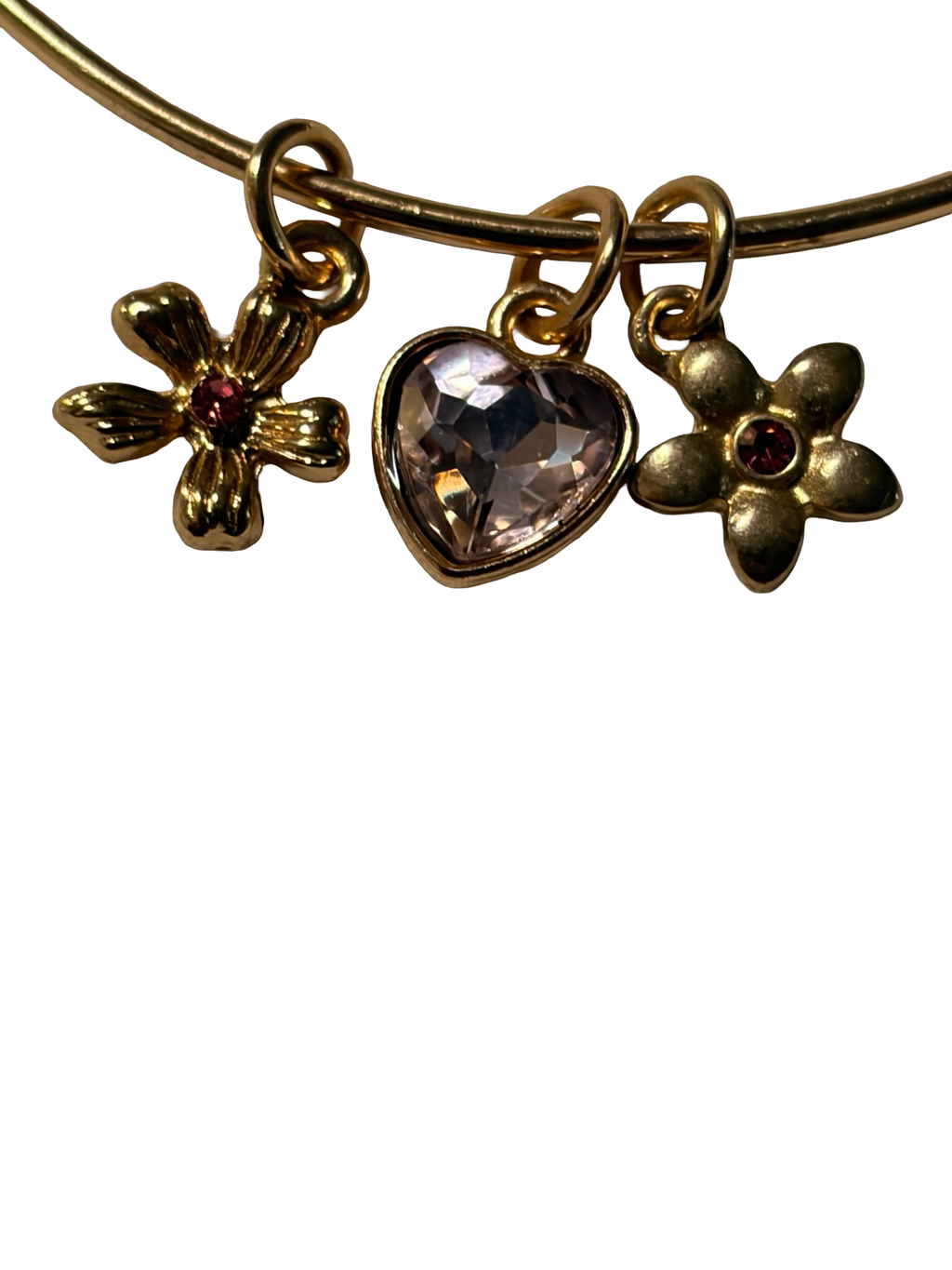 Gold Tone Charm Bangle Bracelet Pink Heart Crystal &amp; Floral Charms Dainty Fashion Jewelry