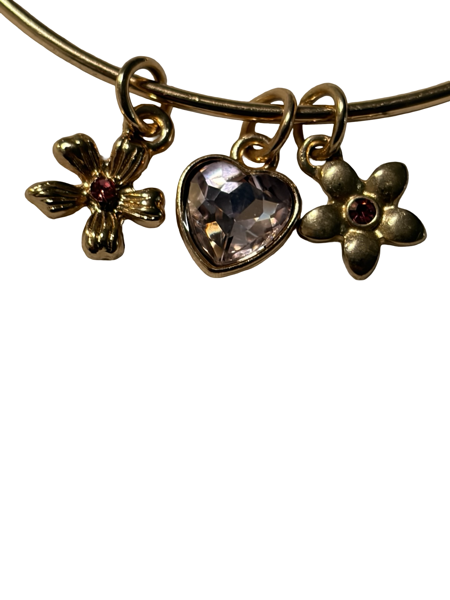 Gold Tone Charm Bangle Bracelet Pink Heart Crystal &amp; Floral Charms Dainty Fashion Jewelry