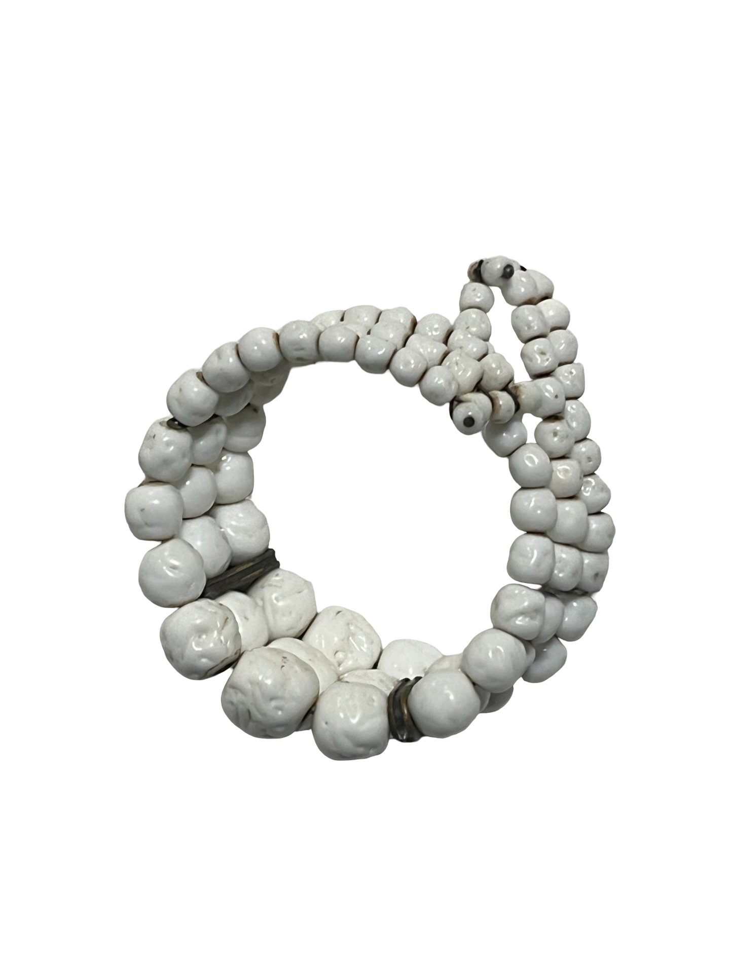 Handmade White Ceramic Skull Memory Wire Wrap Bracelet Rhinestone Spacers Gothic Boho