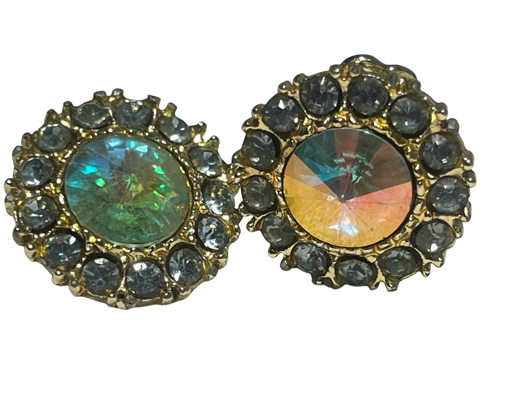 Vintage Aurora Borealis Rivoli Rhinestone Clip-On Earrings Gold Tone Blue Halo
