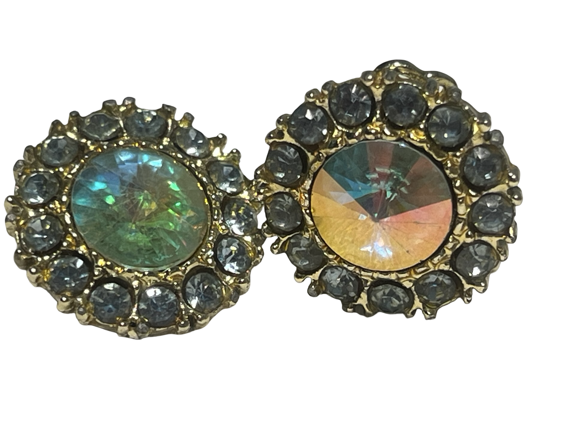 Vintage Aurora Borealis Rivoli Rhinestone Clip-On Earrings Gold Tone Blue Halo