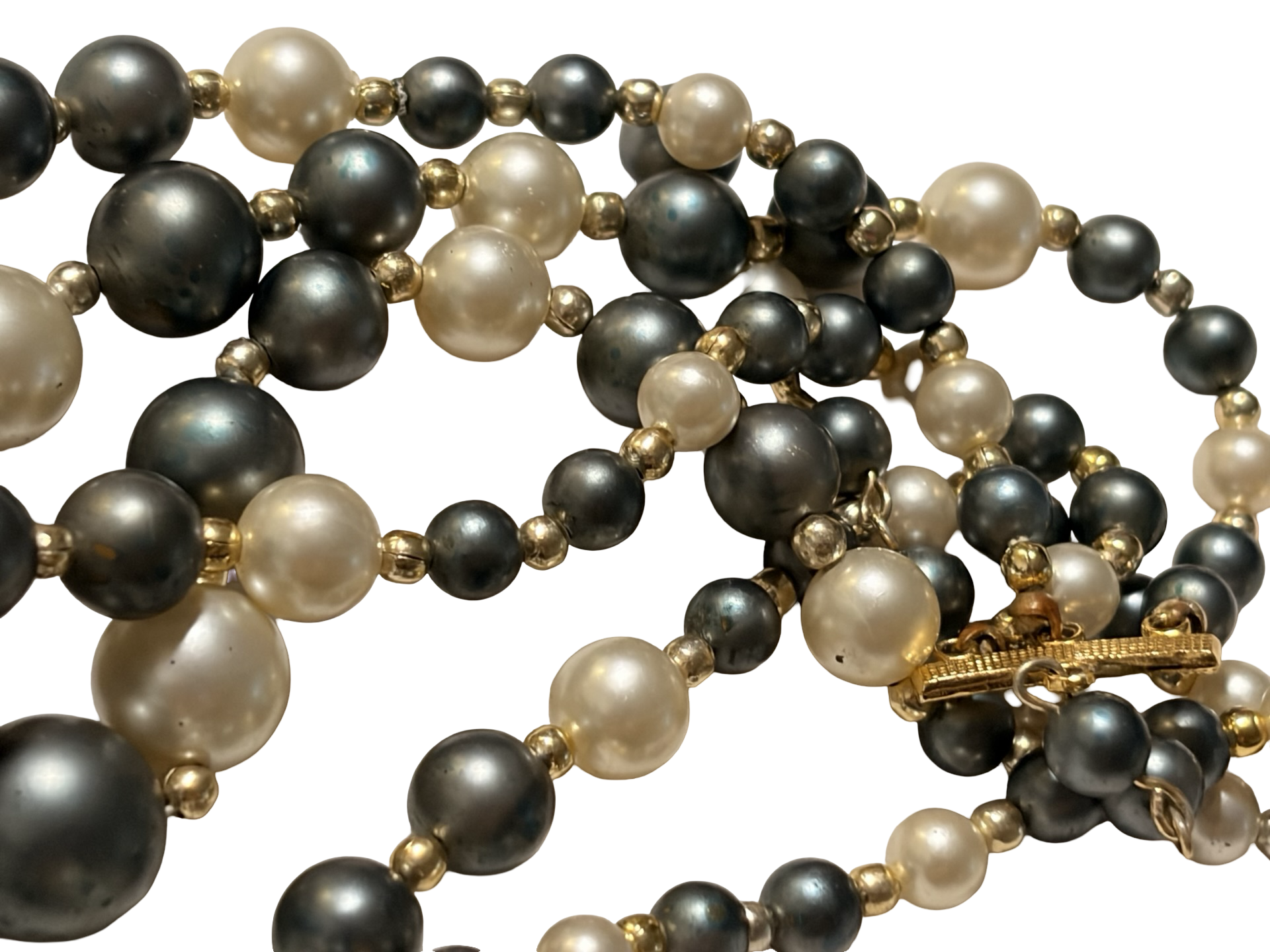 Vintage Japan Triple Strand Blue Gray &amp; Ivory Faux Pearl Beaded Necklace Gold Tone Adjustable