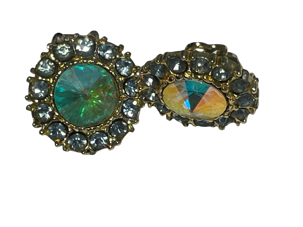 Vintage Aurora Borealis Rivoli Rhinestone Clip-On Earrings Gold Tone Blue Halo