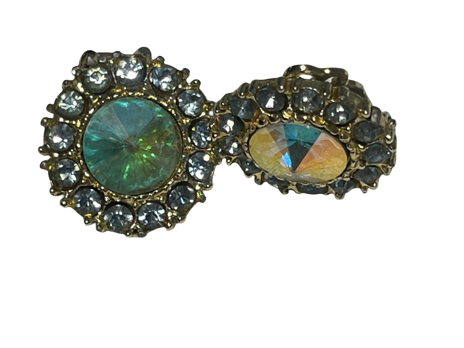 Vintage Aurora Borealis Rivoli Rhinestone Clip-On Earrings Gold Tone Blue Halo