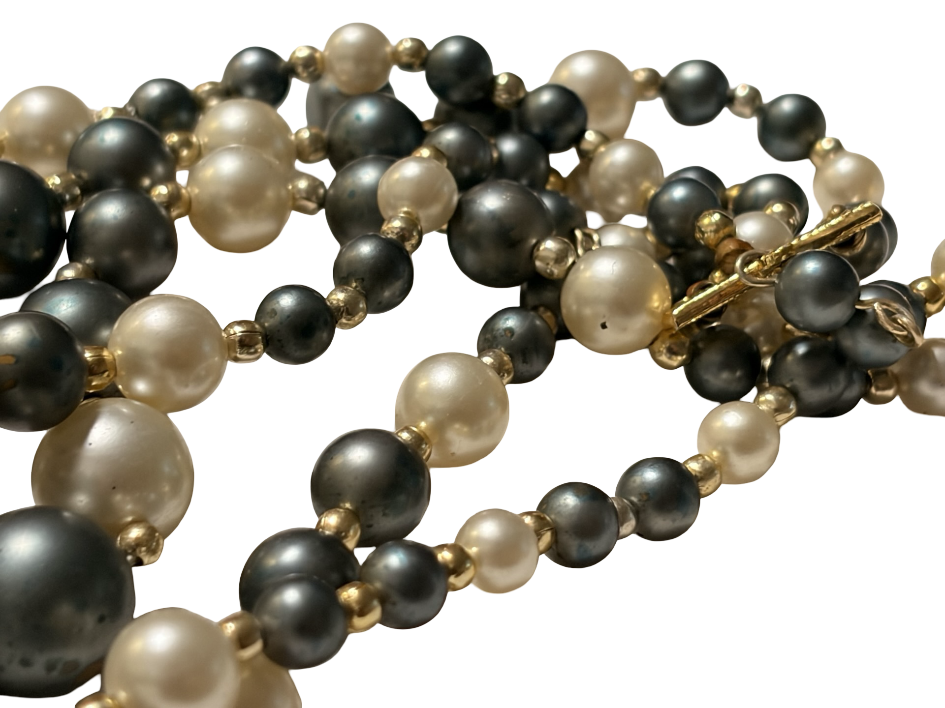 Vintage Japan Triple Strand Blue Gray &amp; Ivory Faux Pearl Beaded Necklace Gold Tone Adjustable
