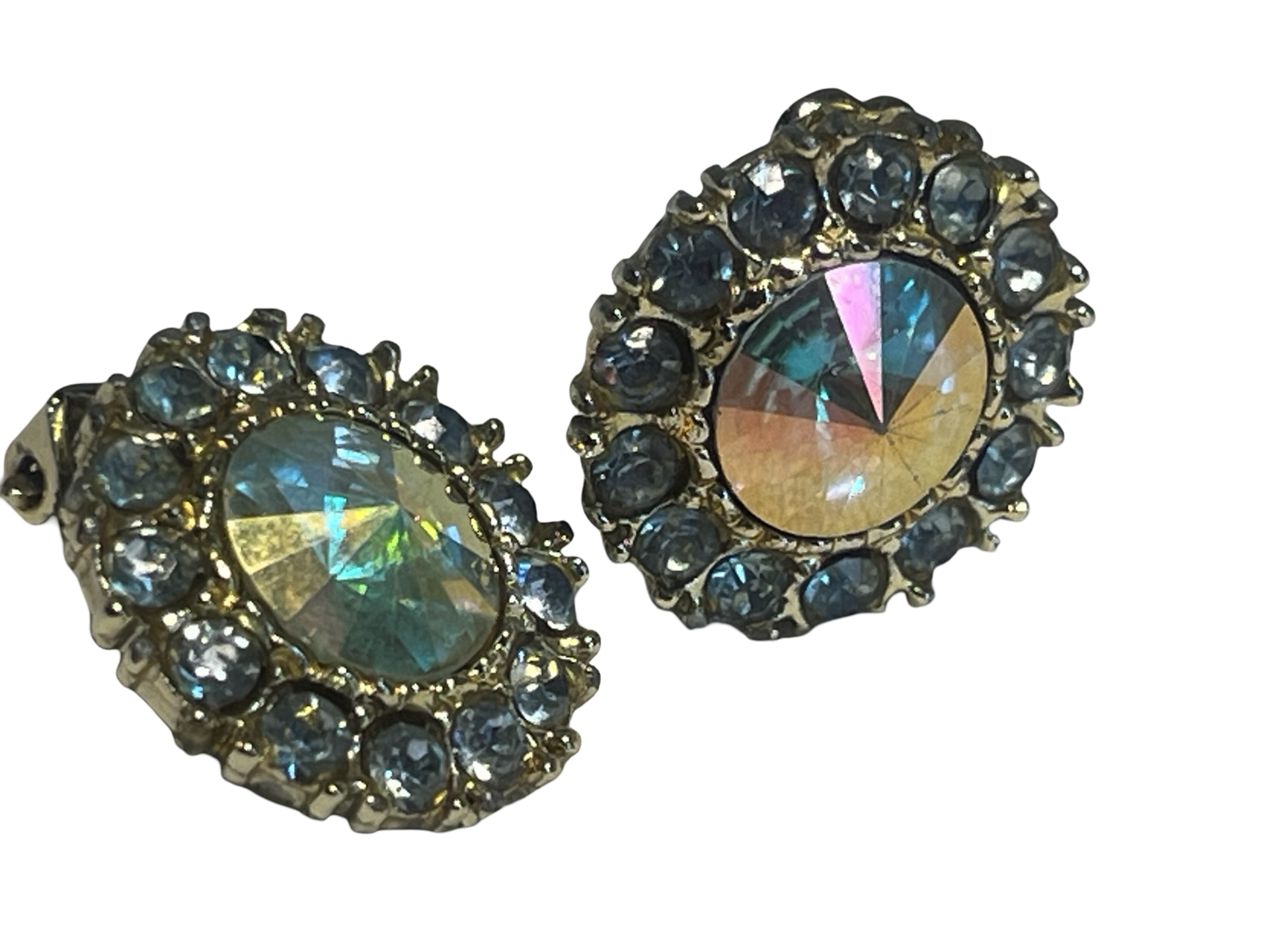 Vintage Aurora Borealis Rivoli Rhinestone Clip-On Earrings Gold Tone Blue Halo