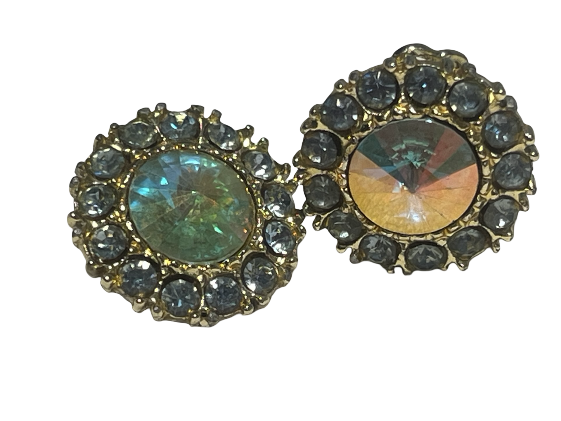 Vintage Aurora Borealis Rivoli Rhinestone Clip-On Earrings Gold Tone Blue Halo