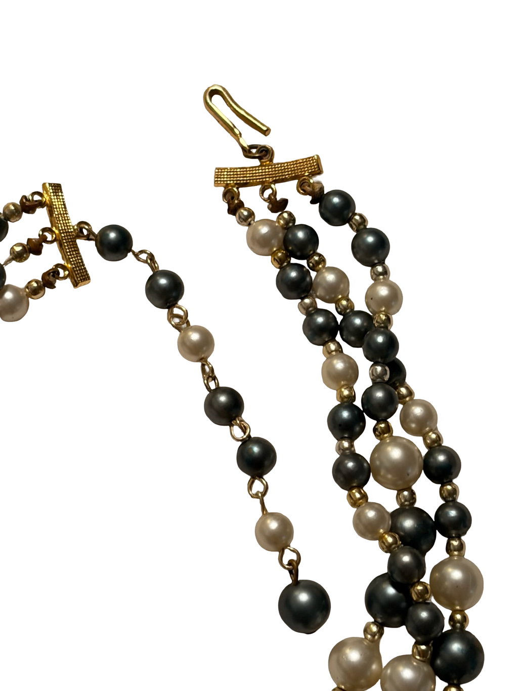 Vintage Japan Triple Strand Blue Gray &amp; Ivory Faux Pearl Beaded Necklace Gold Tone Adjustable