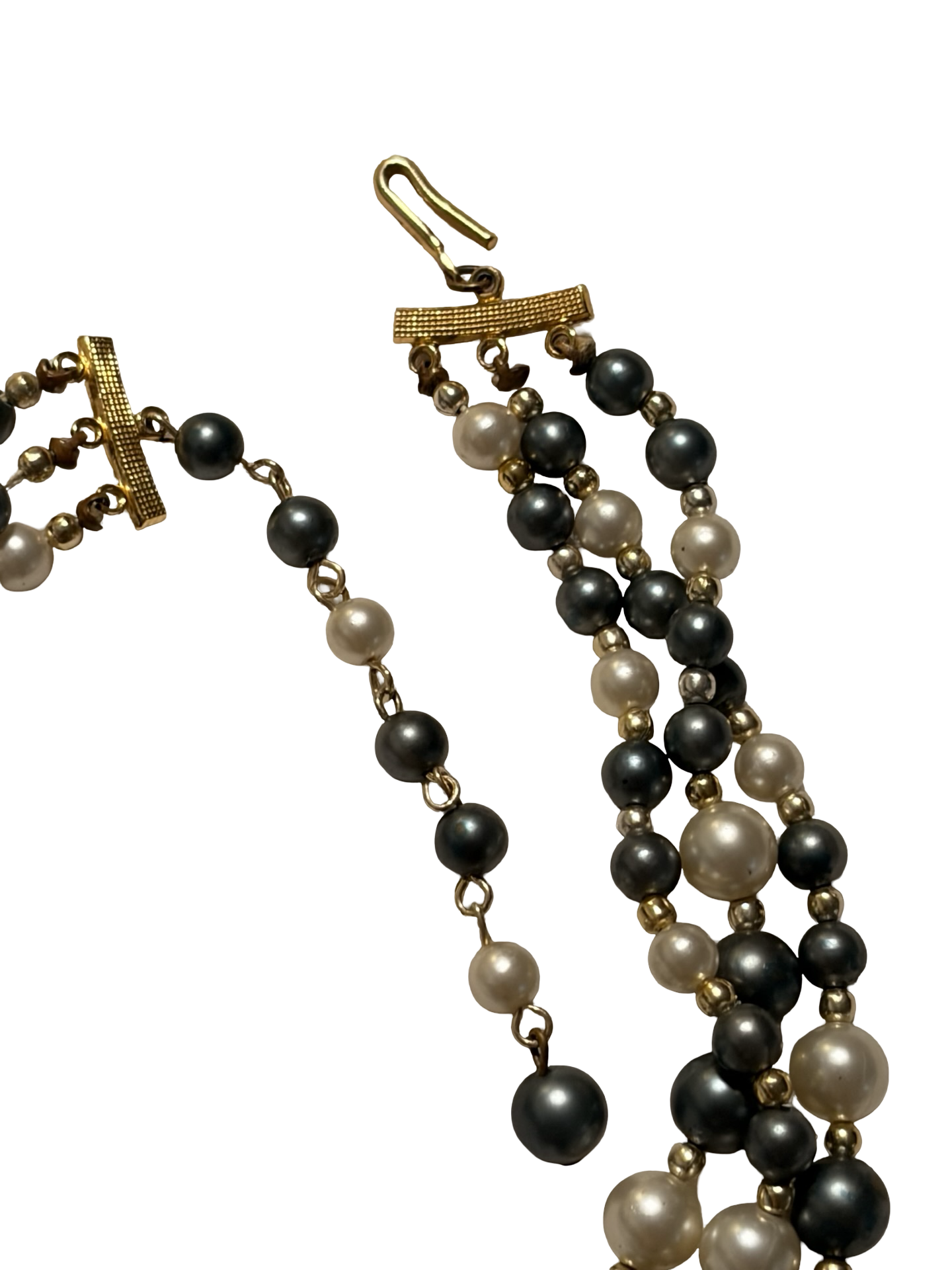 Vintage Japan Triple Strand Blue Gray &amp; Ivory Faux Pearl Beaded Necklace Gold Tone Adjustable
