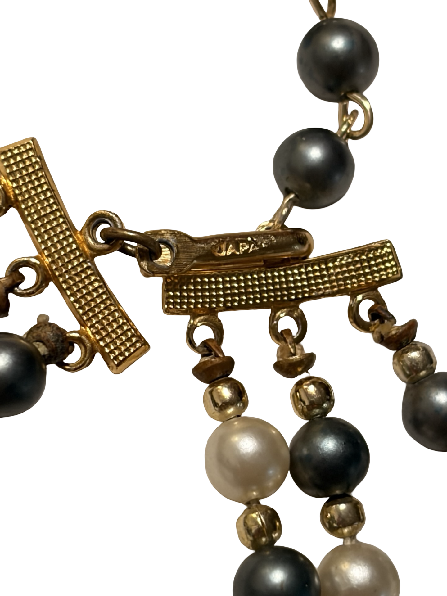 Vintage Japan Triple Strand Blue Gray &amp; Ivory Faux Pearl Beaded Necklace Gold Tone Adjustable