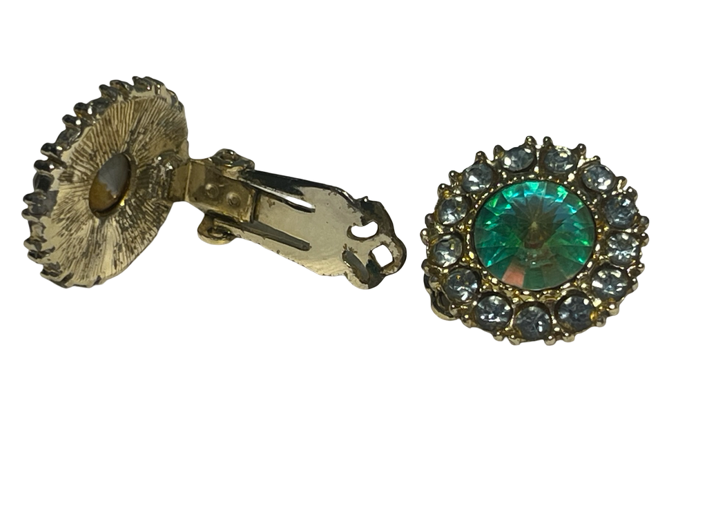 Vintage Aurora Borealis Rivoli Rhinestone Clip-On Earrings Gold Tone Blue Halo