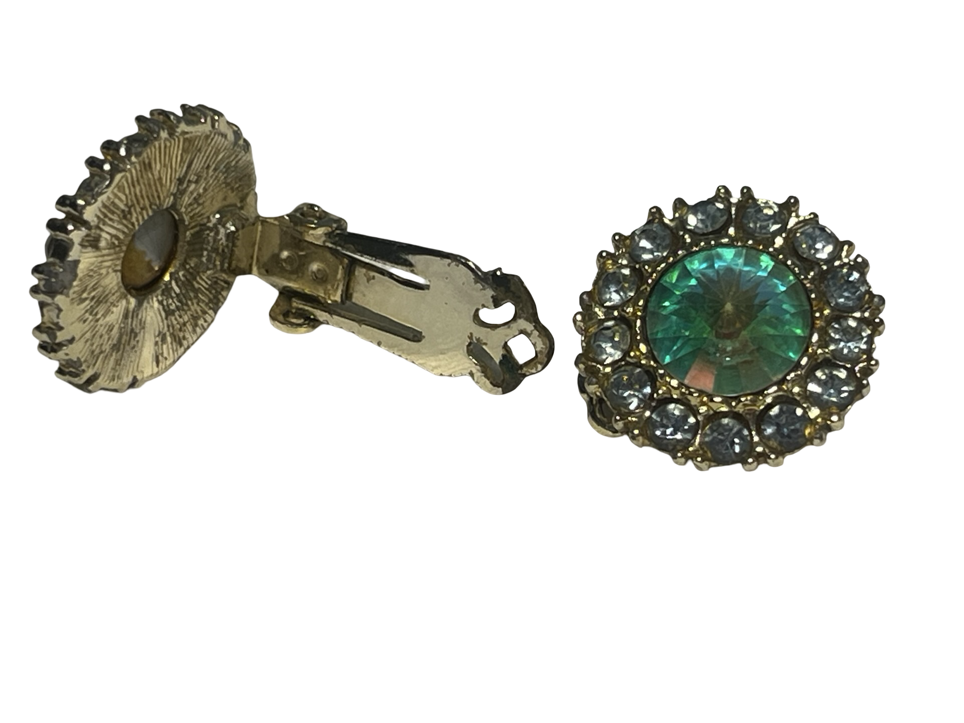 Vintage Aurora Borealis Rivoli Rhinestone Clip-On Earrings Gold Tone Blue Halo