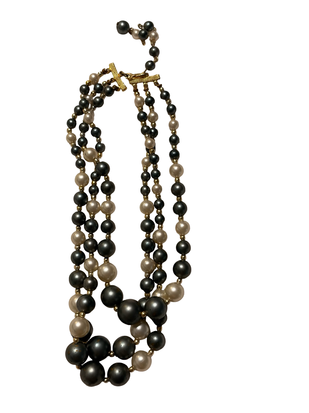Vintage Japan Triple Strand Blue Gray &amp; Ivory Faux Pearl Beaded Necklace Gold Tone Adjustable