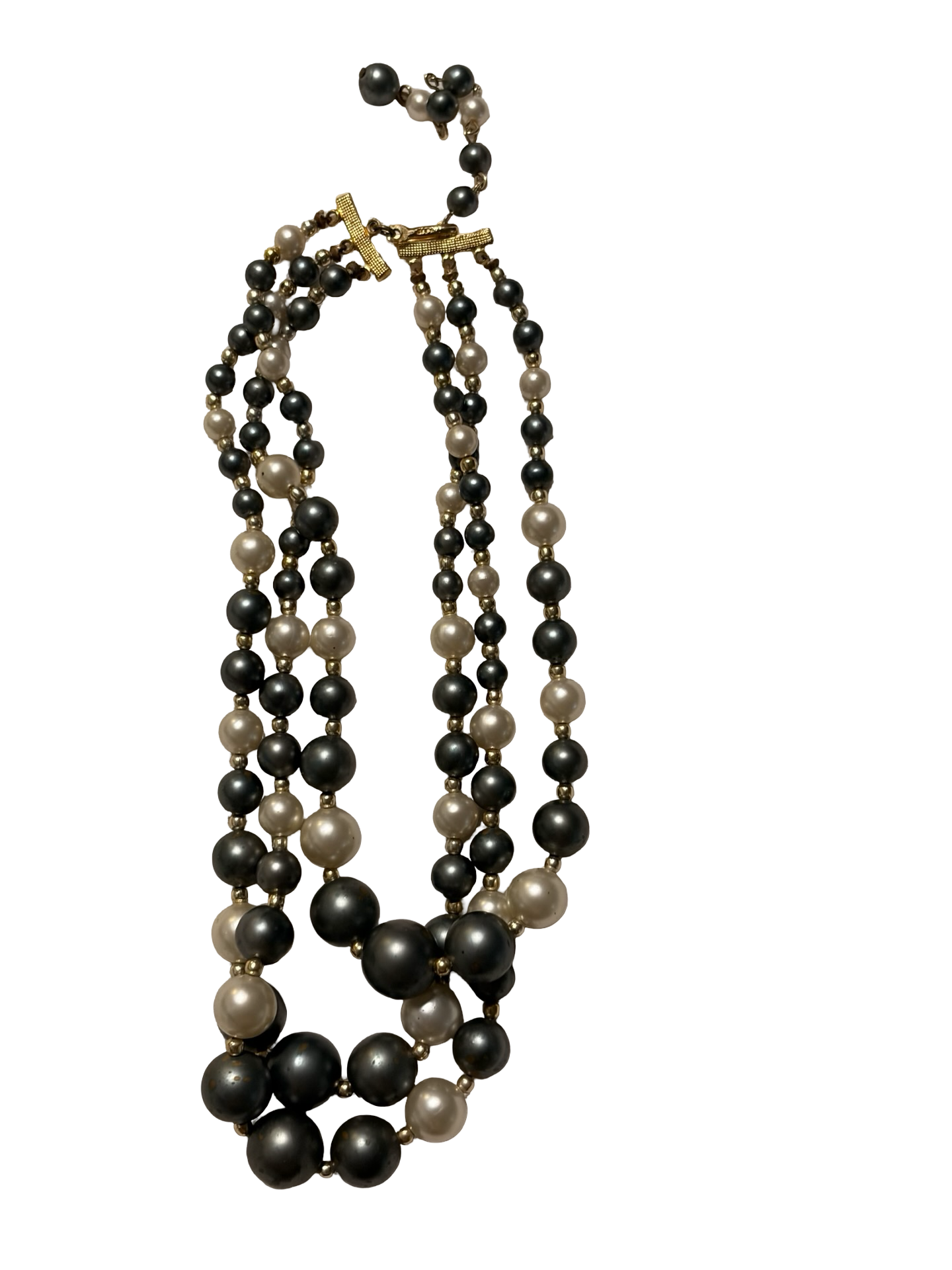 Vintage Japan Triple Strand Blue Gray &amp; Ivory Faux Pearl Beaded Necklace Gold Tone Adjustable