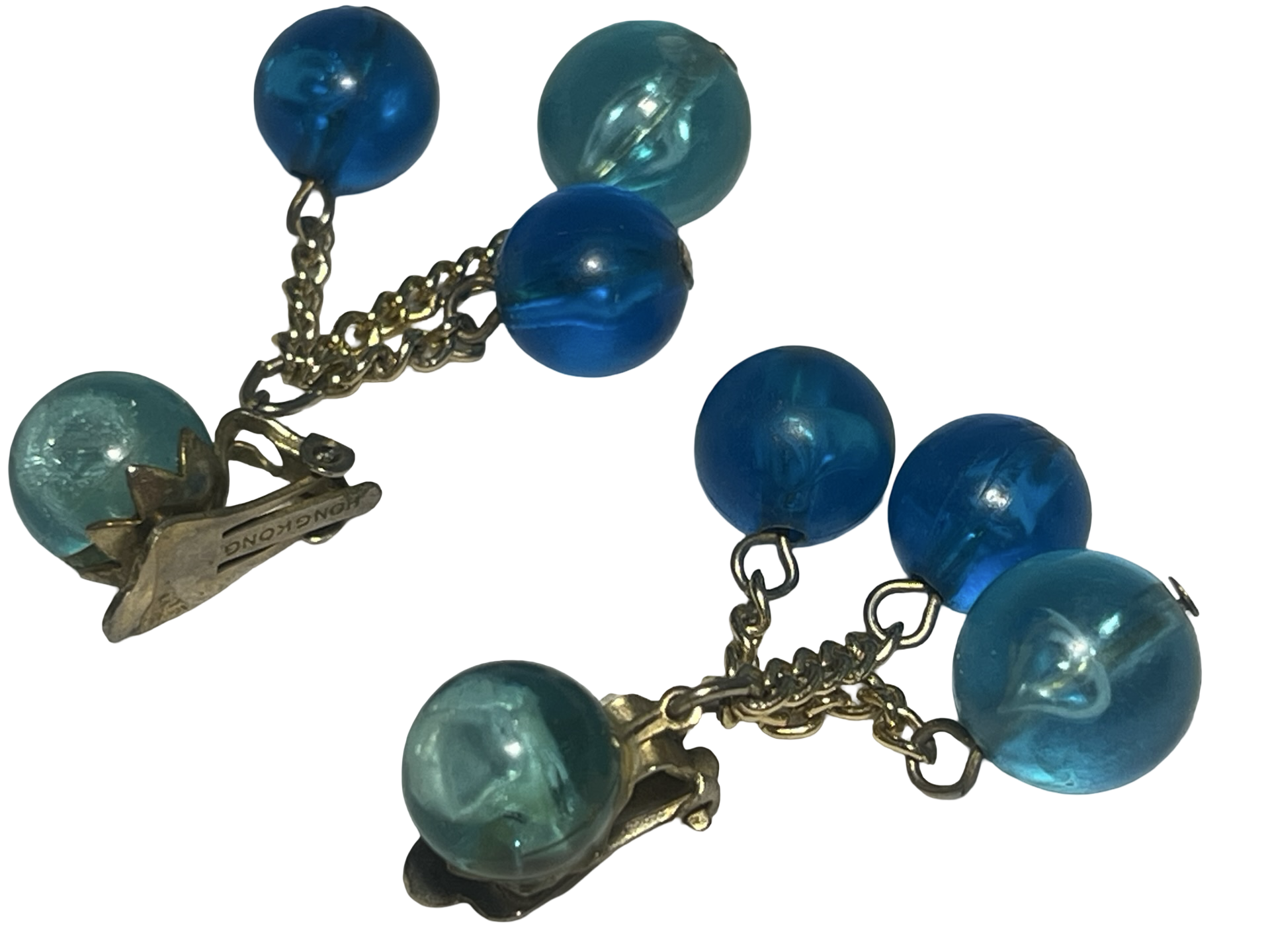 Vintage Hong Kong Blue Lucite Bead Cluster Clip-On Earrings | Mid Century Dangle Costume Jewelry