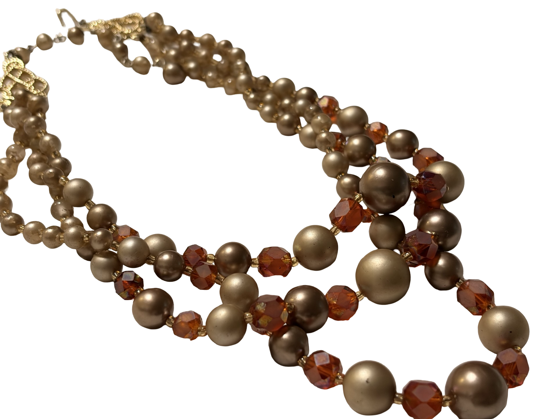 Vintage Japan Triple Strand Faux Pearl &amp; Amber Crystal Beaded Necklace Gold Tone Adjustable