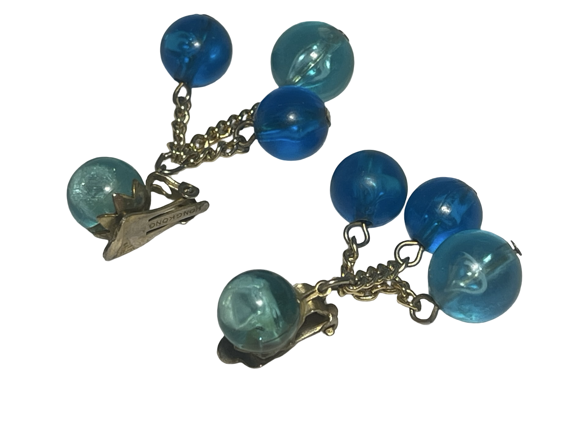 Vintage Hong Kong Blue Lucite Bead Cluster Clip-On Earrings | Mid Century Dangle Costume Jewelry