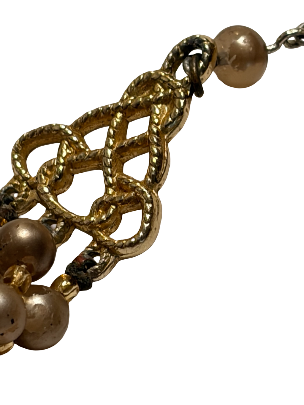Vintage Japan Triple Strand Faux Pearl &amp; Amber Crystal Beaded Necklace Gold Tone Adjustable