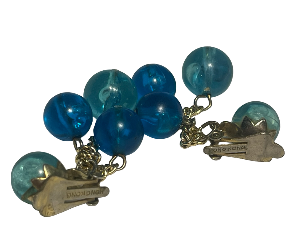 Vintage Hong Kong Blue Lucite Bead Cluster Clip-On Earrings | Mid Century Dangle Costume Jewelry