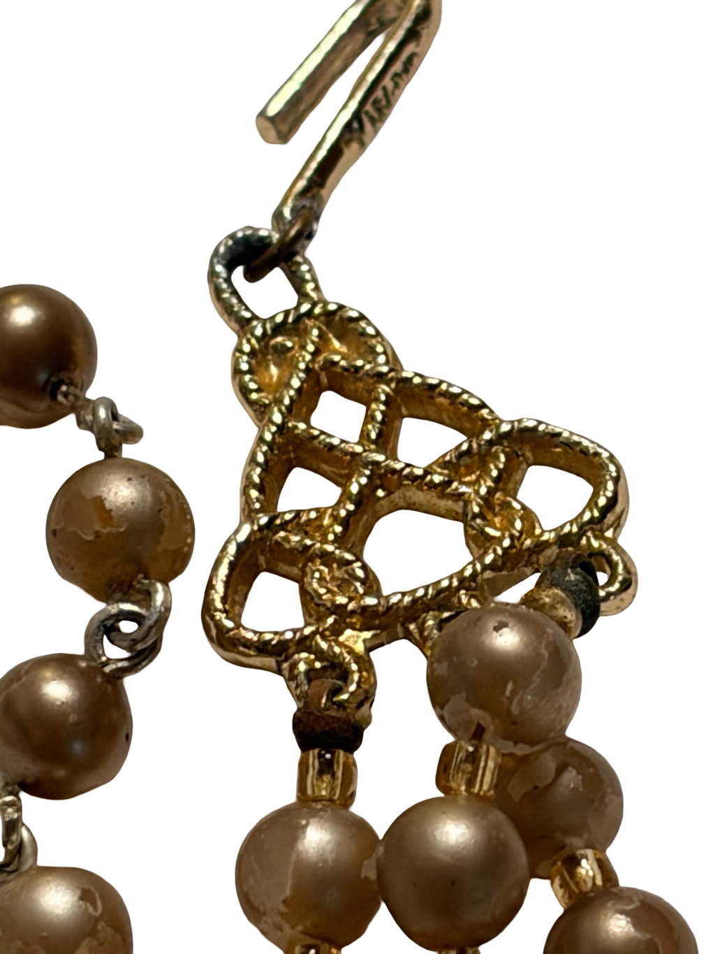 Vintage Japan Triple Strand Faux Pearl &amp; Amber Crystal Beaded Necklace Gold Tone Adjustable