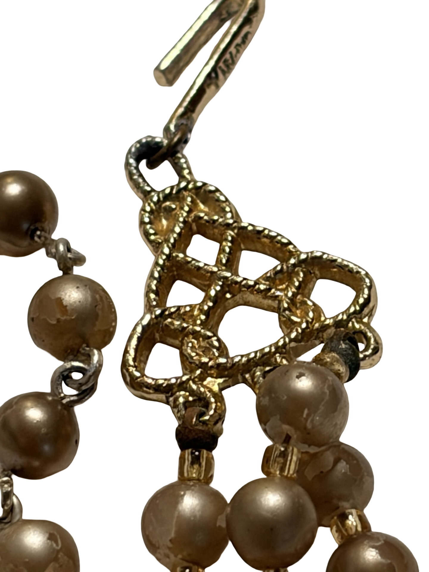 Vintage Japan Triple Strand Faux Pearl &amp; Amber Crystal Beaded Necklace Gold Tone Adjustable