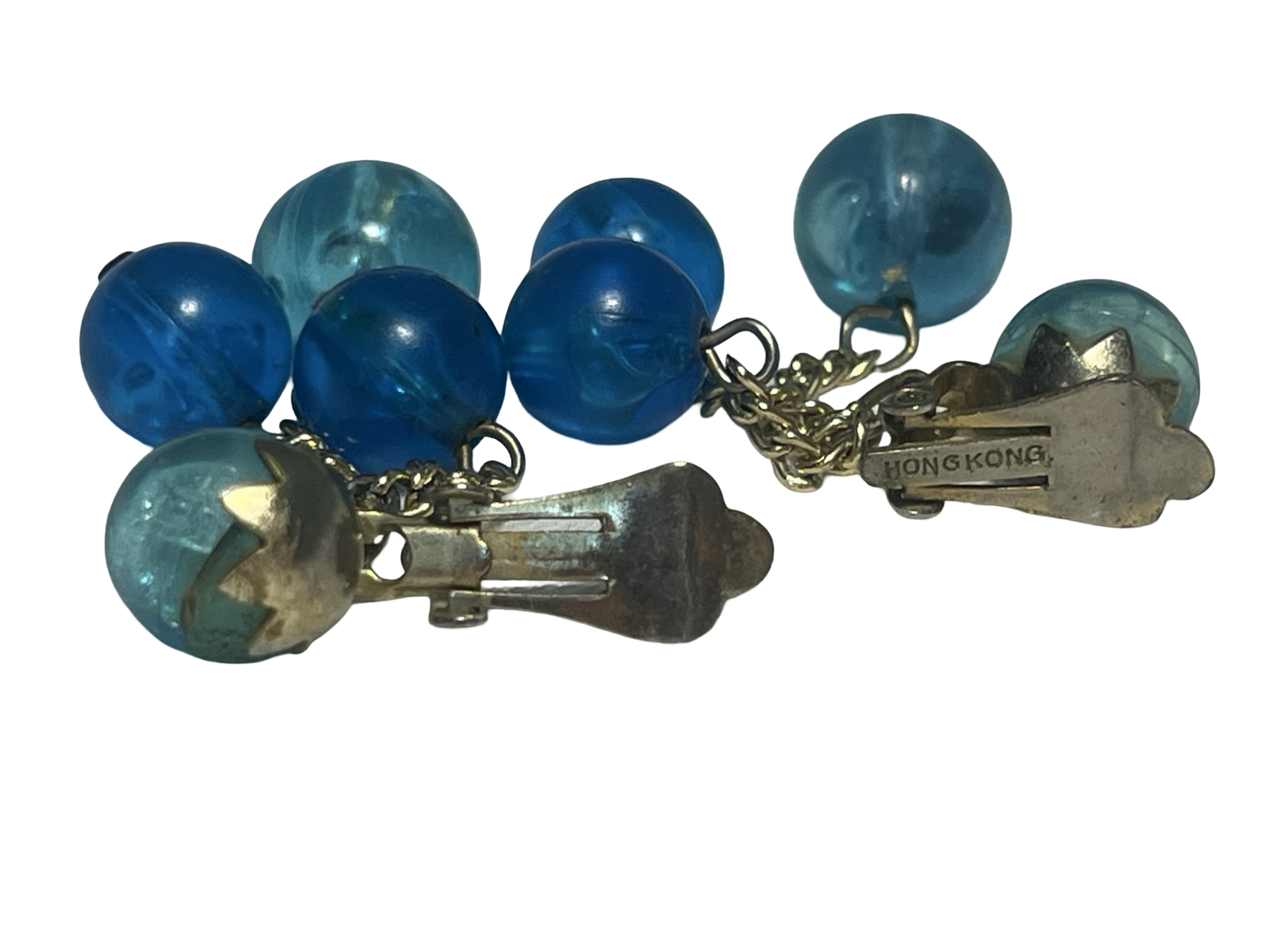 Vintage Hong Kong Blue Lucite Bead Cluster Clip-On Earrings | Mid Century Dangle Costume Jewelry