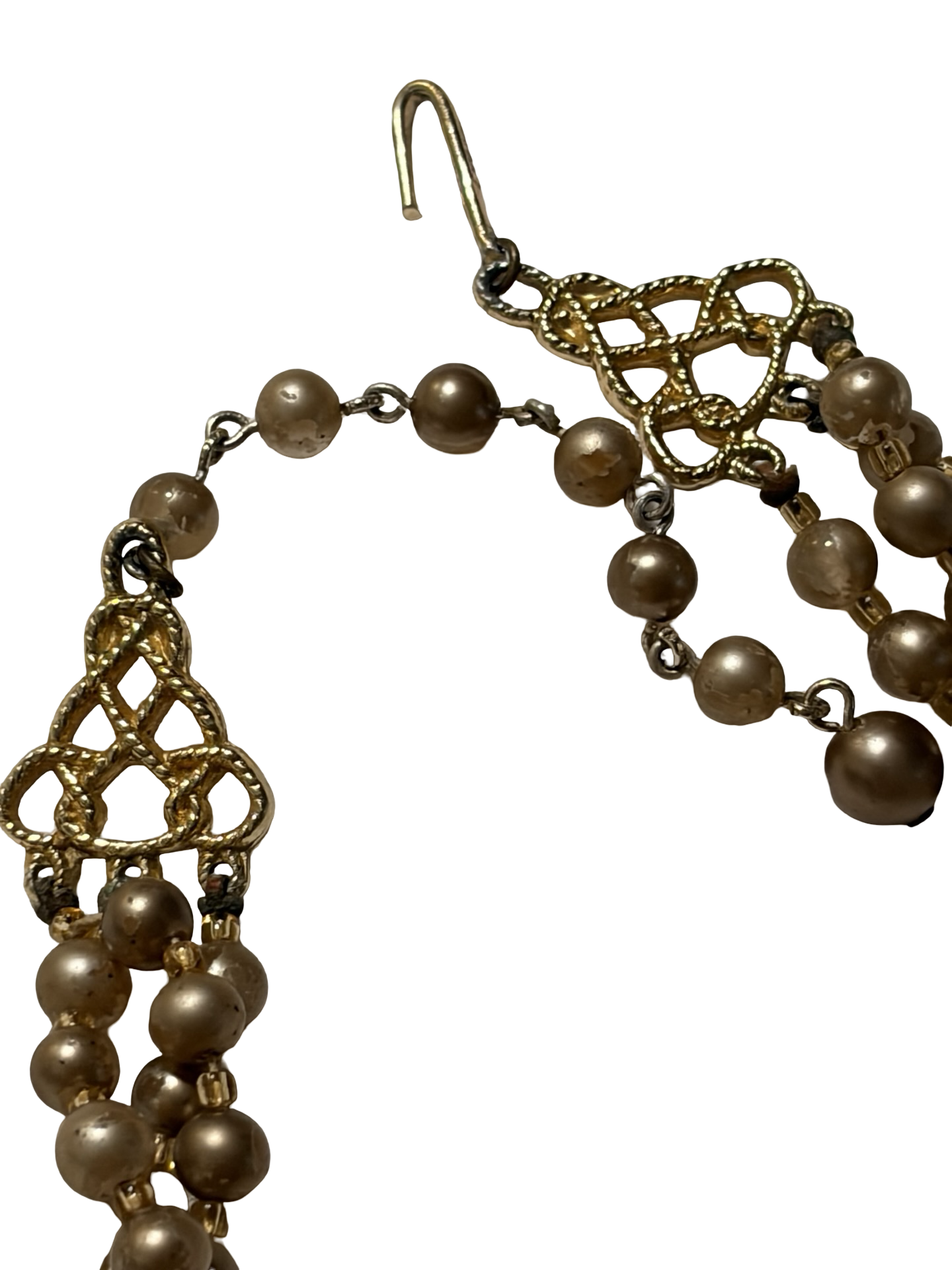 Vintage Japan Triple Strand Faux Pearl &amp; Amber Crystal Beaded Necklace Gold Tone Adjustable