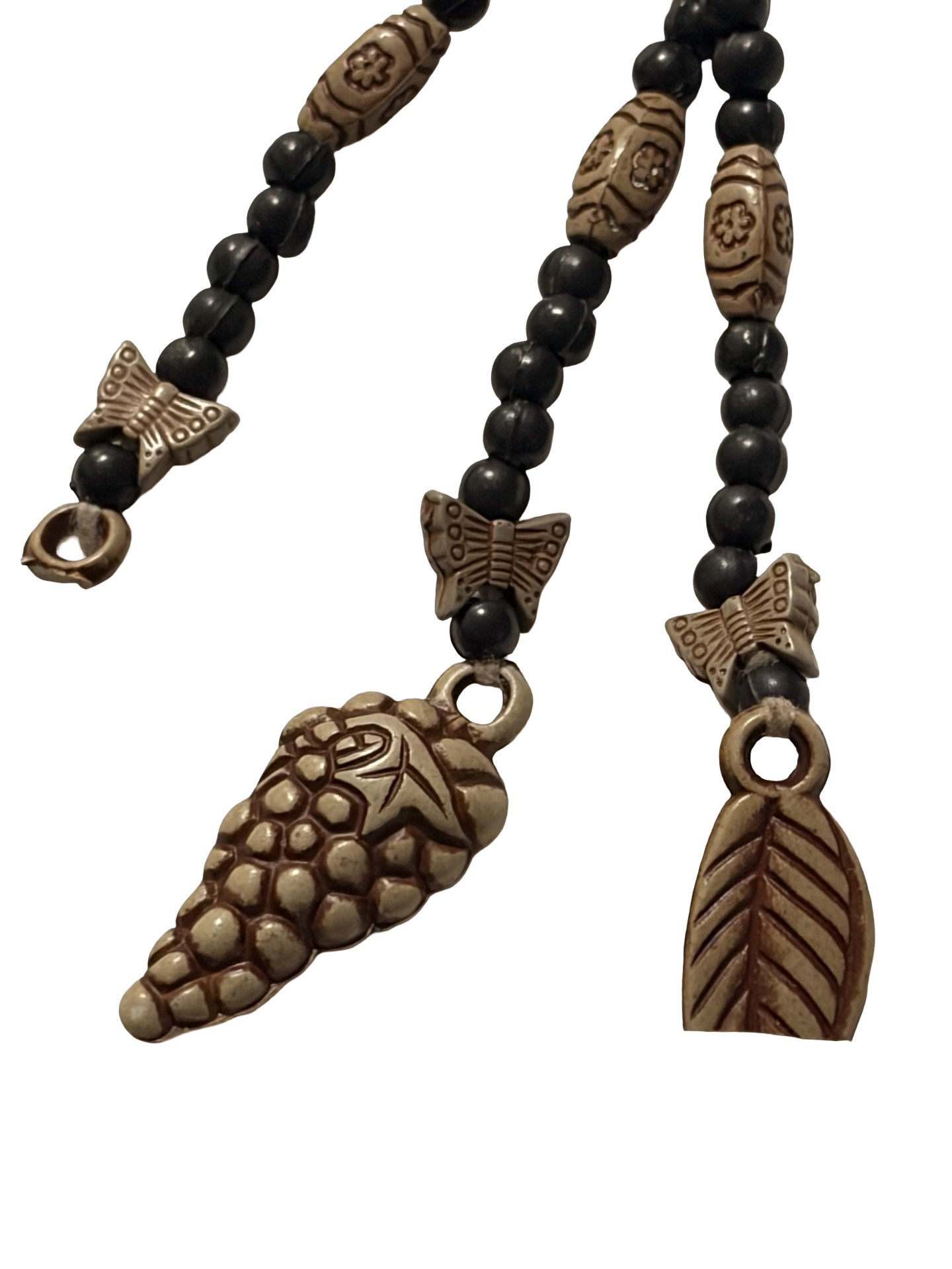 Vintage Style Beaded Lariat Necklace Butterfly Leaf Pinecone Charms Boho Woodland