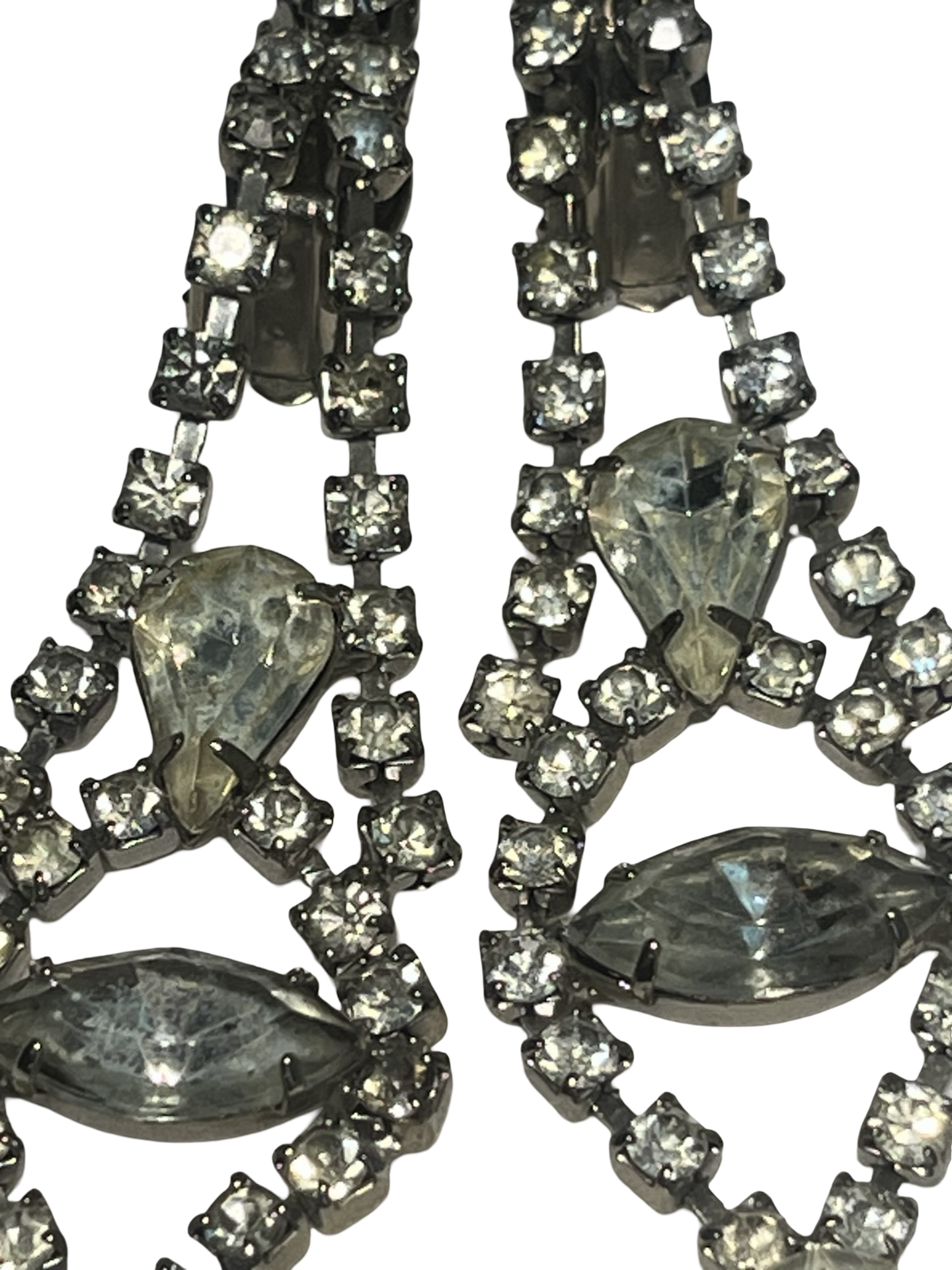 Vintage Rhinestone Dangle Clip-On Earrings Clear Marquise Glass Stones Silver Tone Mid Century