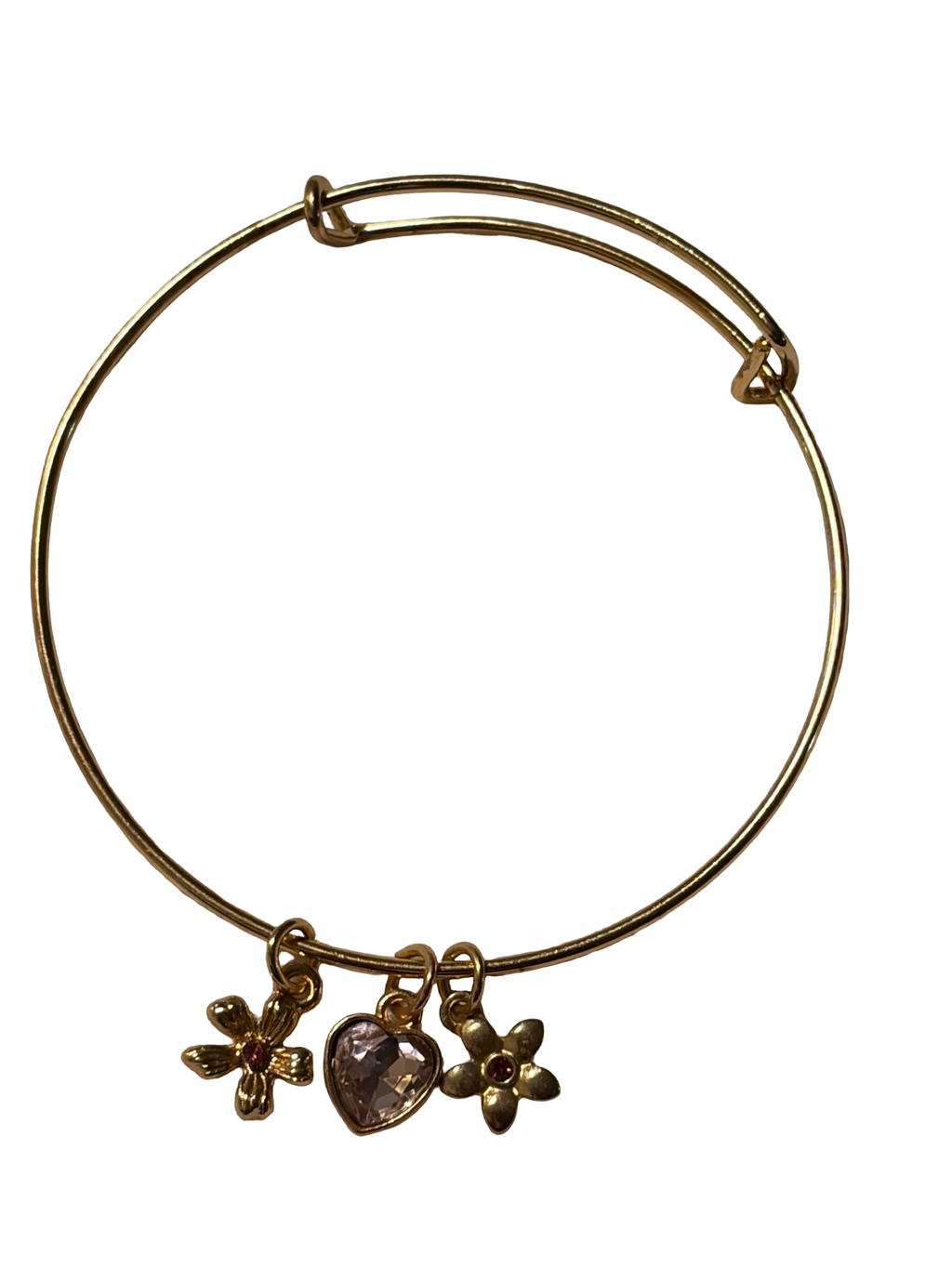 Gold Tone Charm Bangle Bracelet Pink Heart Crystal &amp; Floral Charms Dainty Fashion Jewelry