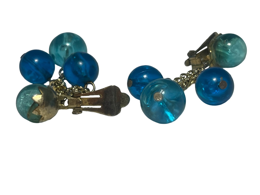 Vintage Hong Kong Blue Lucite Bead Cluster Clip-On Earrings | Mid Century Dangle Costume Jewelry