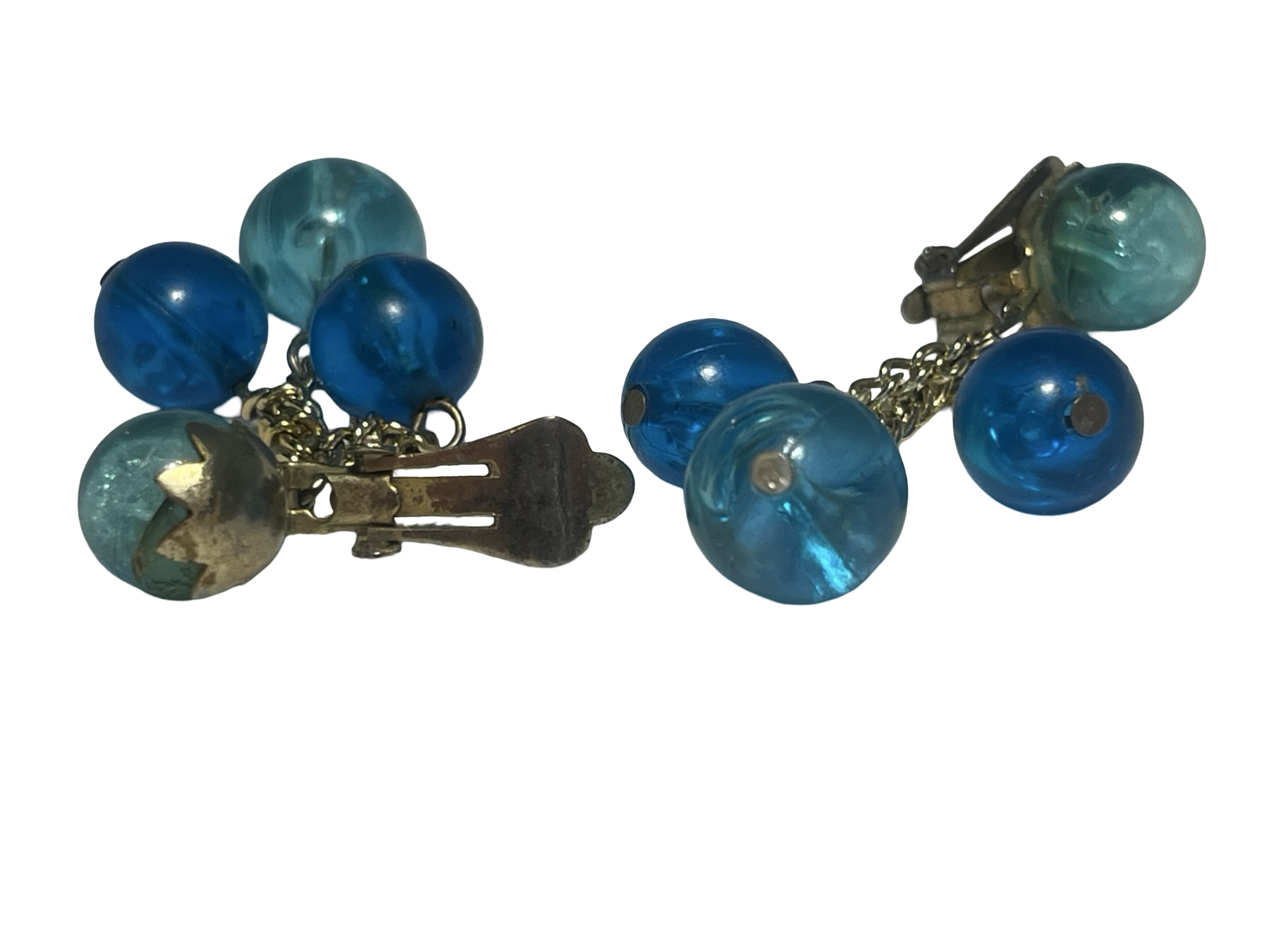 Vintage Hong Kong Blue Lucite Bead Cluster Clip-On Earrings | Mid Century Dangle Costume Jewelry