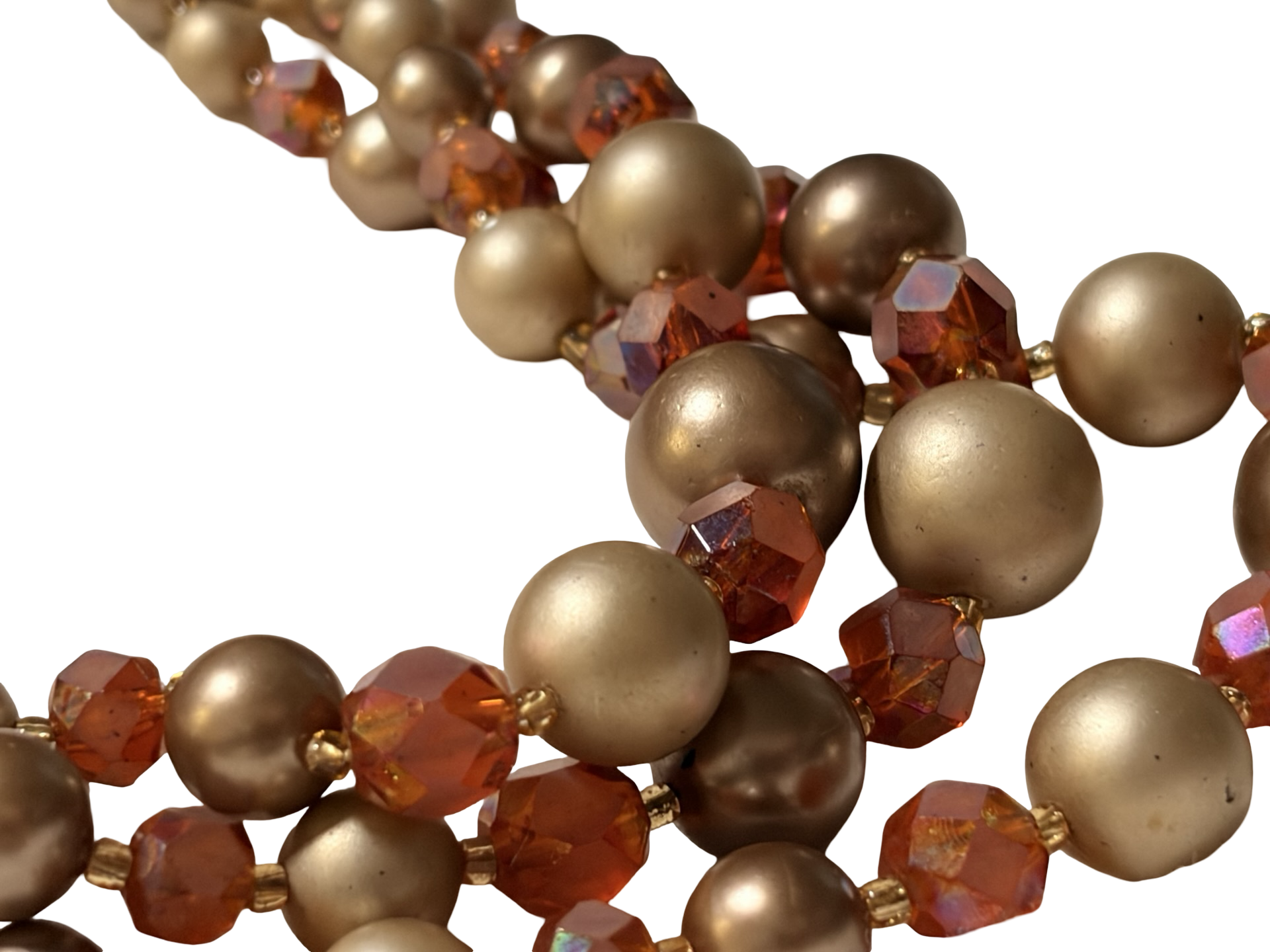 Vintage Japan Triple Strand Faux Pearl &amp; Amber Crystal Beaded Necklace Gold Tone Adjustable