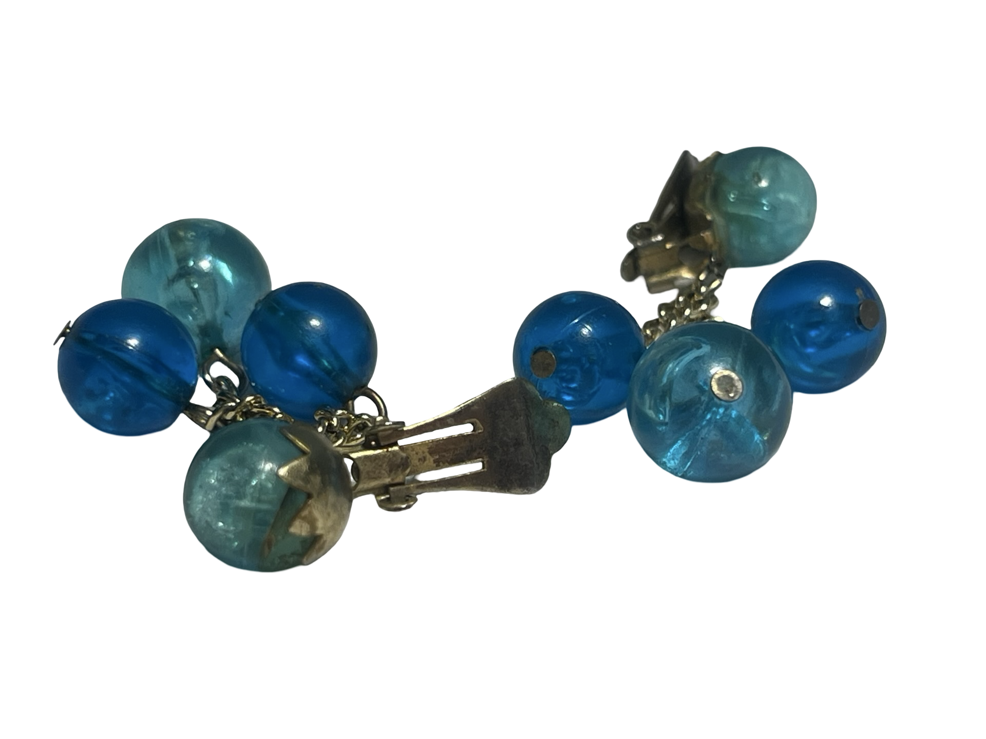 Vintage Hong Kong Blue Lucite Bead Cluster Clip-On Earrings | Mid Century Dangle Costume Jewelry