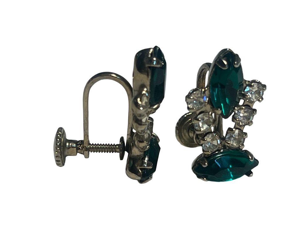 Vintage Emerald Green Navette Rhinestone Screw Back Earrings Gold Tone