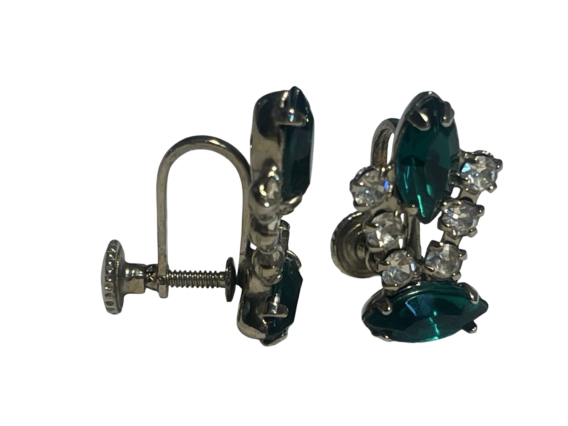 Vintage Emerald Green Navette Rhinestone Screw Back Earrings Gold Tone