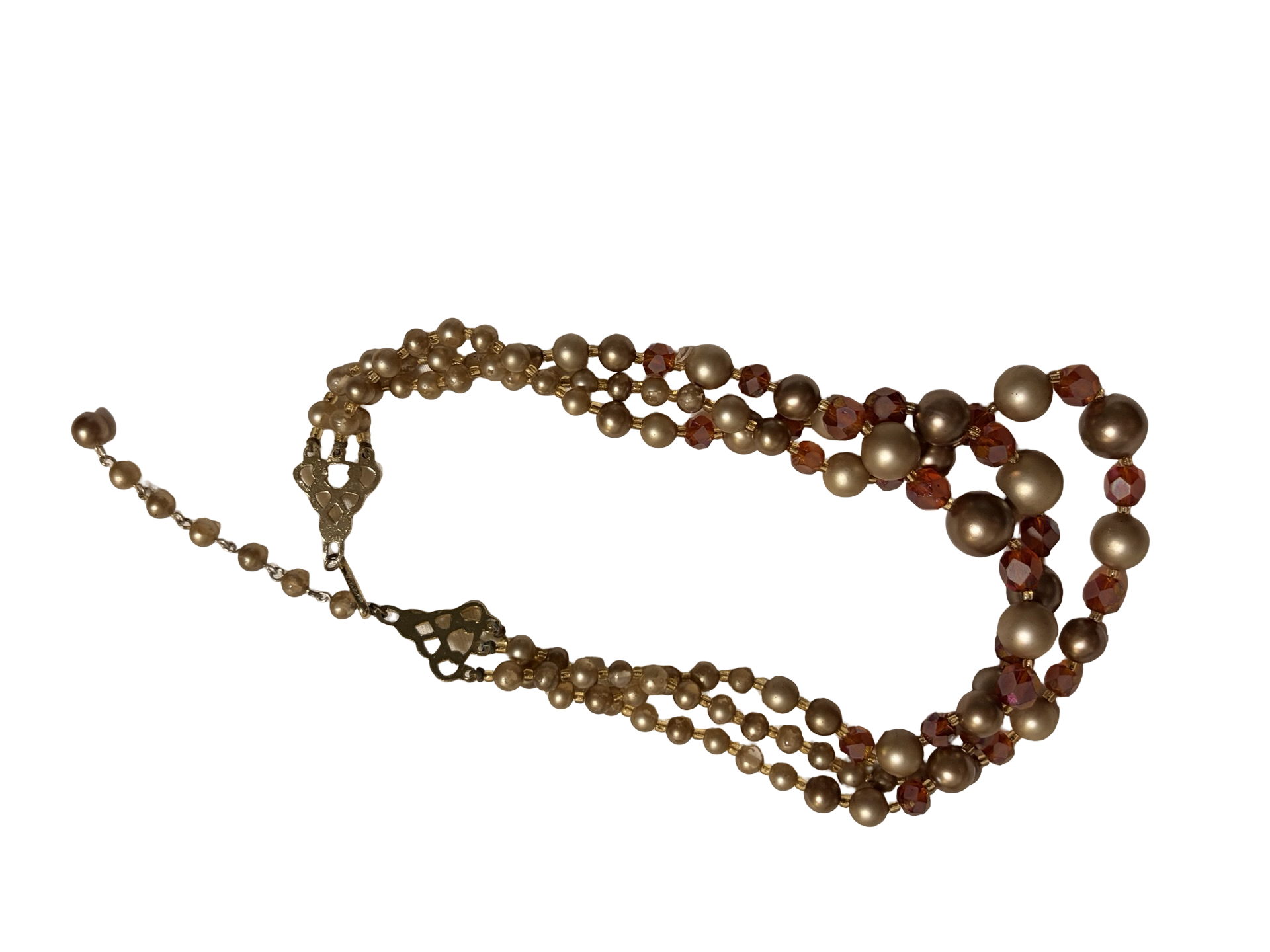 Vintage Japan Triple Strand Faux Pearl &amp; Amber Crystal Beaded Necklace Gold Tone Adjustable
