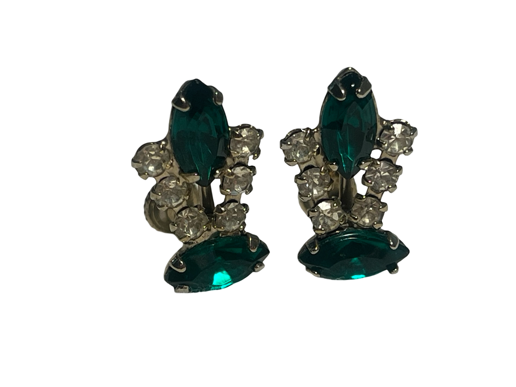 Vintage Emerald Green Navette Rhinestone Screw Back Earrings Gold Tone