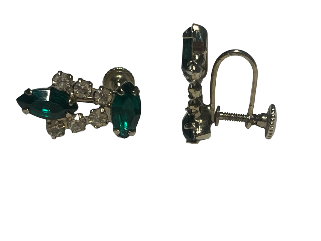 Vintage Emerald Green Navette Rhinestone Screw Back Earrings Gold Tone