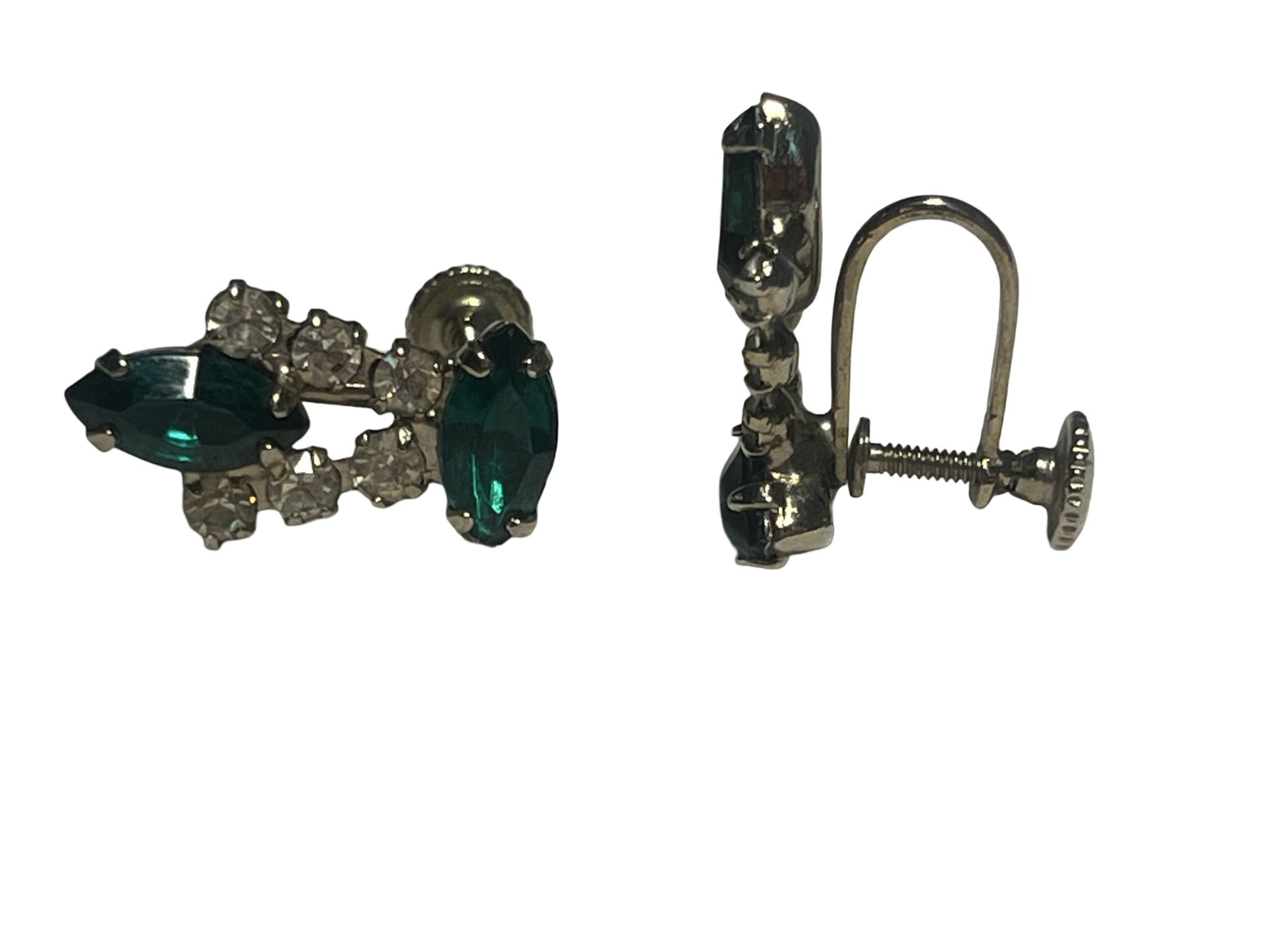 Vintage Emerald Green Navette Rhinestone Screw Back Earrings Gold Tone