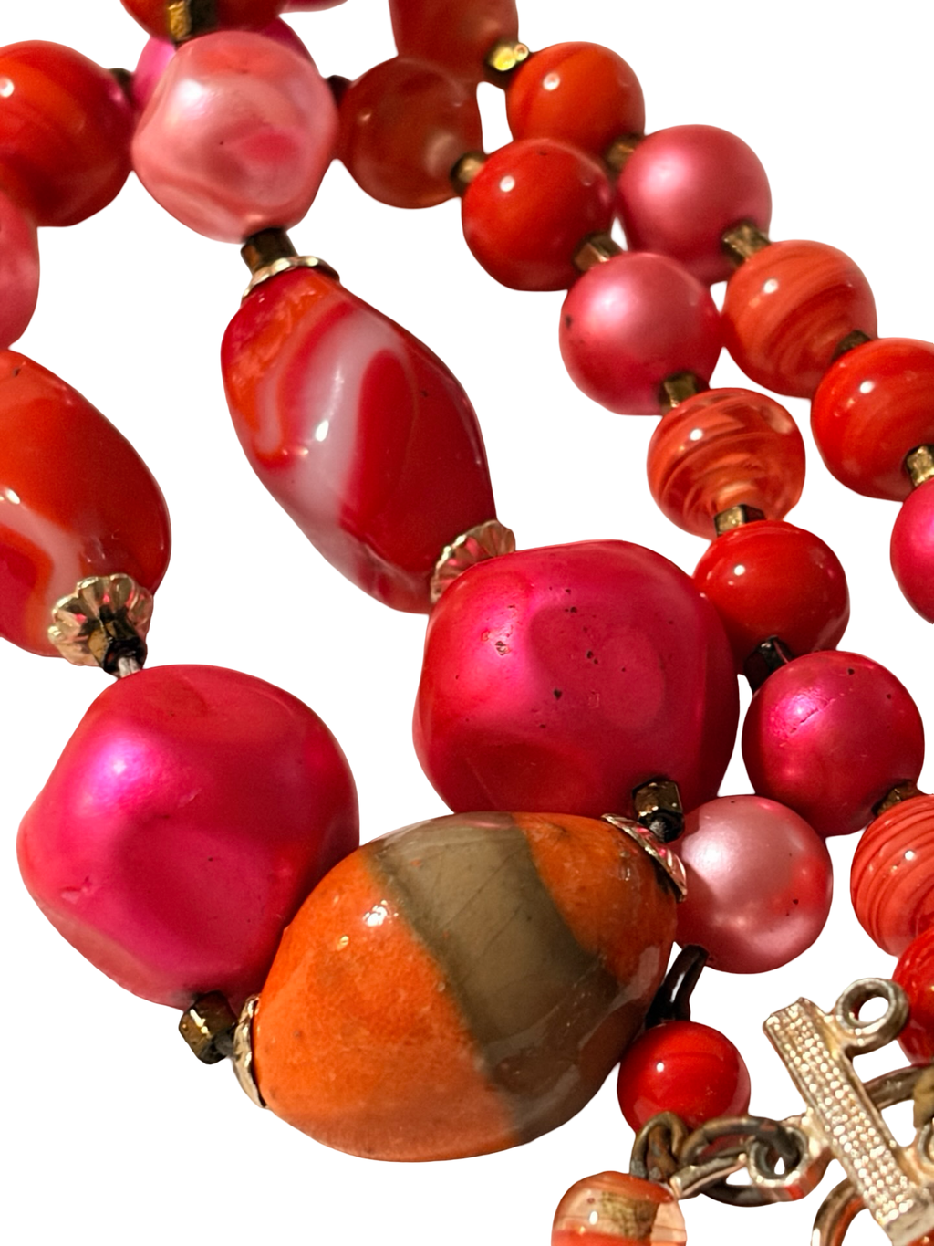Vintage Japan Beaded Necklace Pink Red Marbled Lucite Faux Pearl Adjustable Statement Necklace