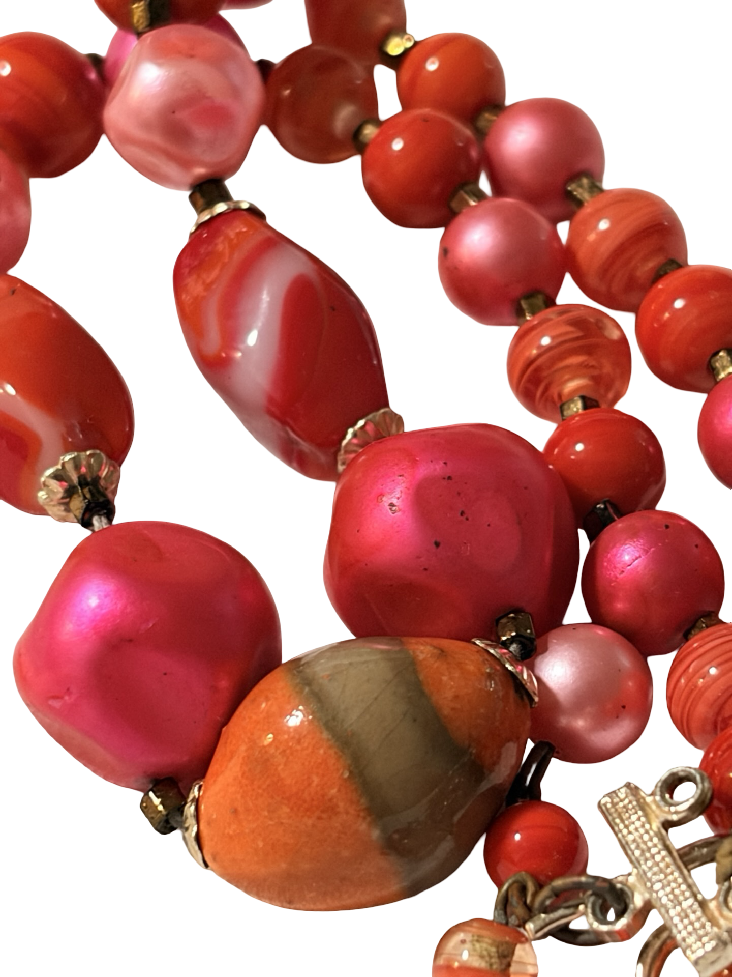 Vintage Japan Beaded Necklace Pink Red Marbled Lucite Faux Pearl Adjustable Statement Necklace