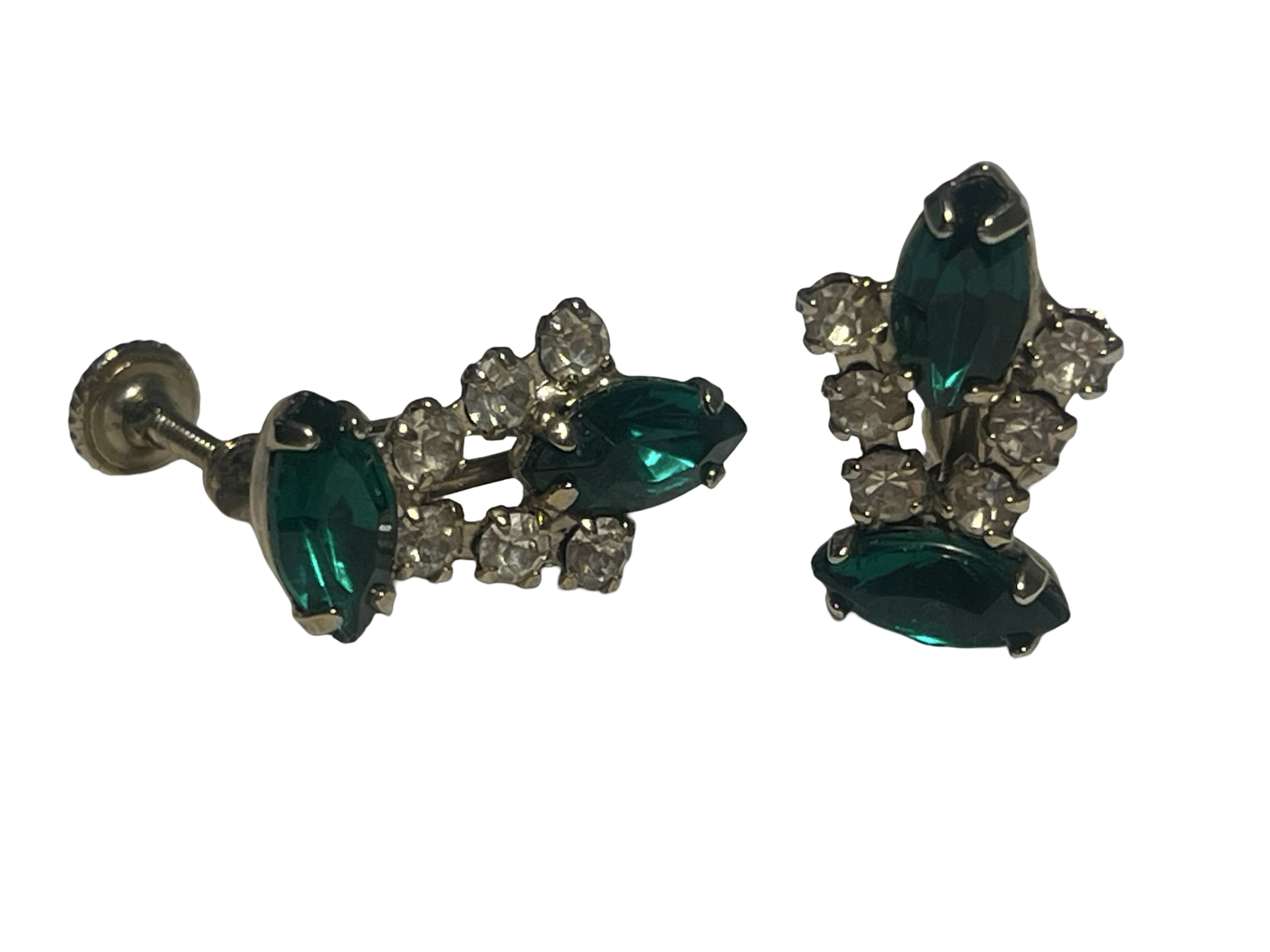 Vintage Emerald Green Navette Rhinestone Screw Back Earrings Gold Tone
