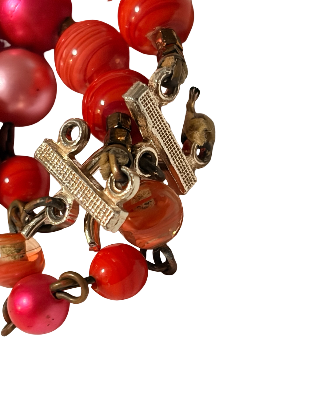 Vintage Japan Beaded Necklace Pink Red Marbled Lucite Faux Pearl Adjustable Statement Necklace
