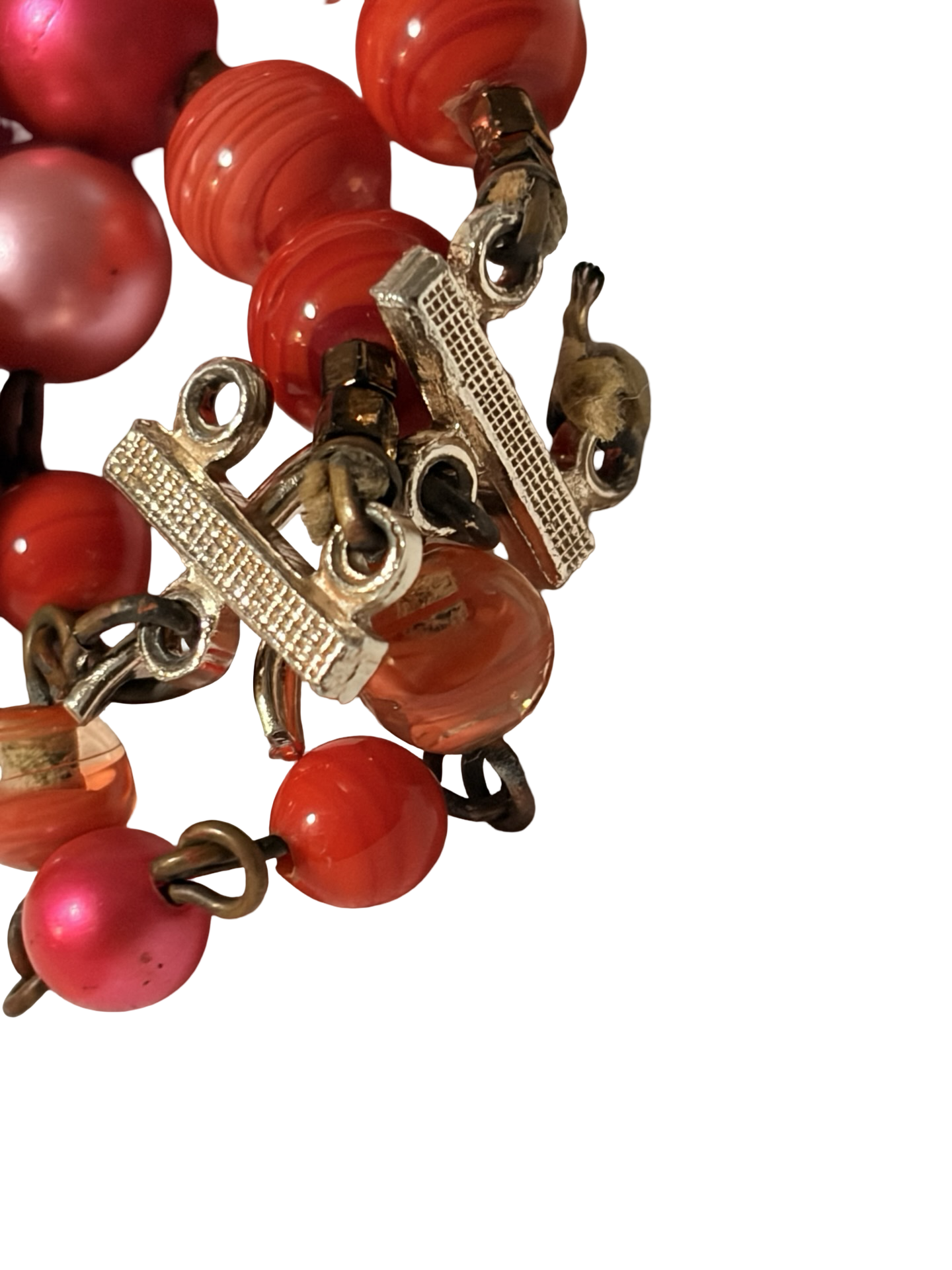 Vintage Japan Beaded Necklace Pink Red Marbled Lucite Faux Pearl Adjustable Statement Necklace